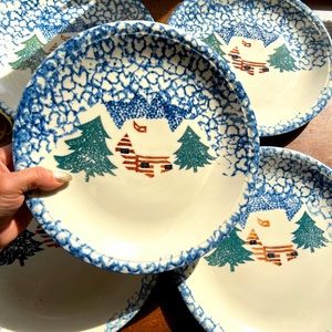 5 Vintage Log Cabin in the Snow 10” Dinner Plates Stoneware Oven ToTable Holiday